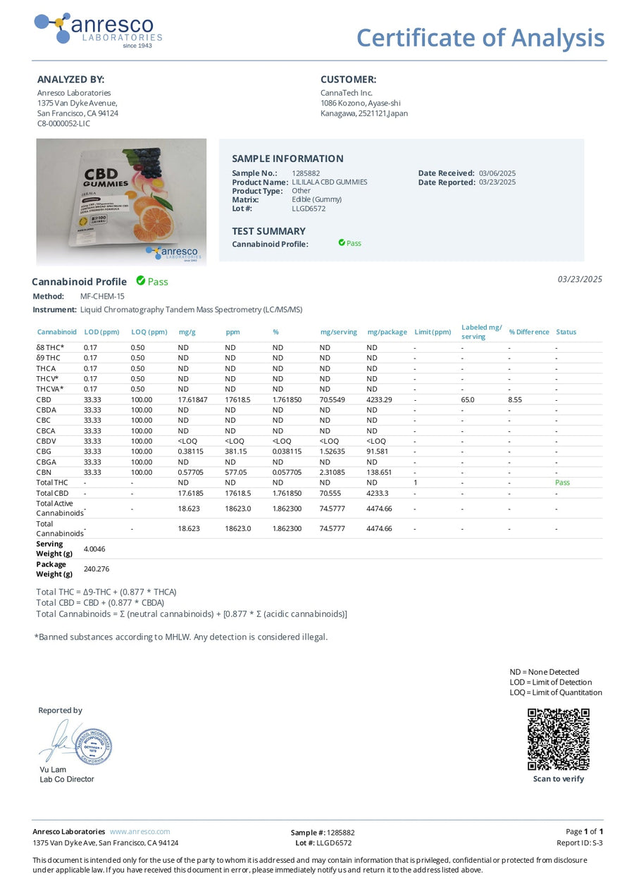 CBD グミ 60粒 果汁 100% （65mg/1粒) ブロードスペクトラムCBD配合 LILILALA