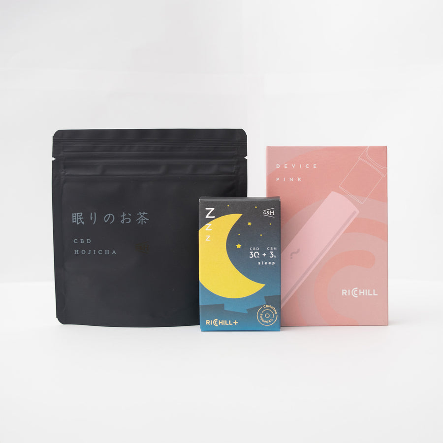 ぐっすりセット デバイス（Pink）+Sleep（CBD30%+CBN3%）+眠りのお茶（30g） – RICHILL