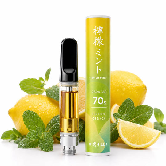 【檸檬ミント-Lemon Mint-】RICHILL+ 高濃度70% CBD CBG リキッド単品とパッケージ